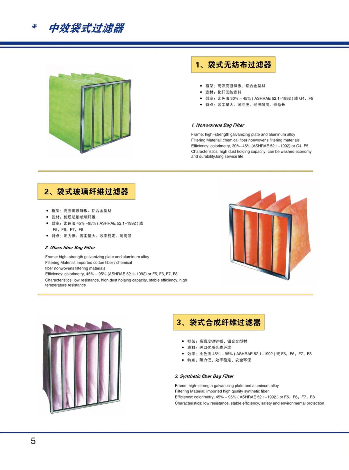 Synthetic-fiber bag filter — catalogue reference