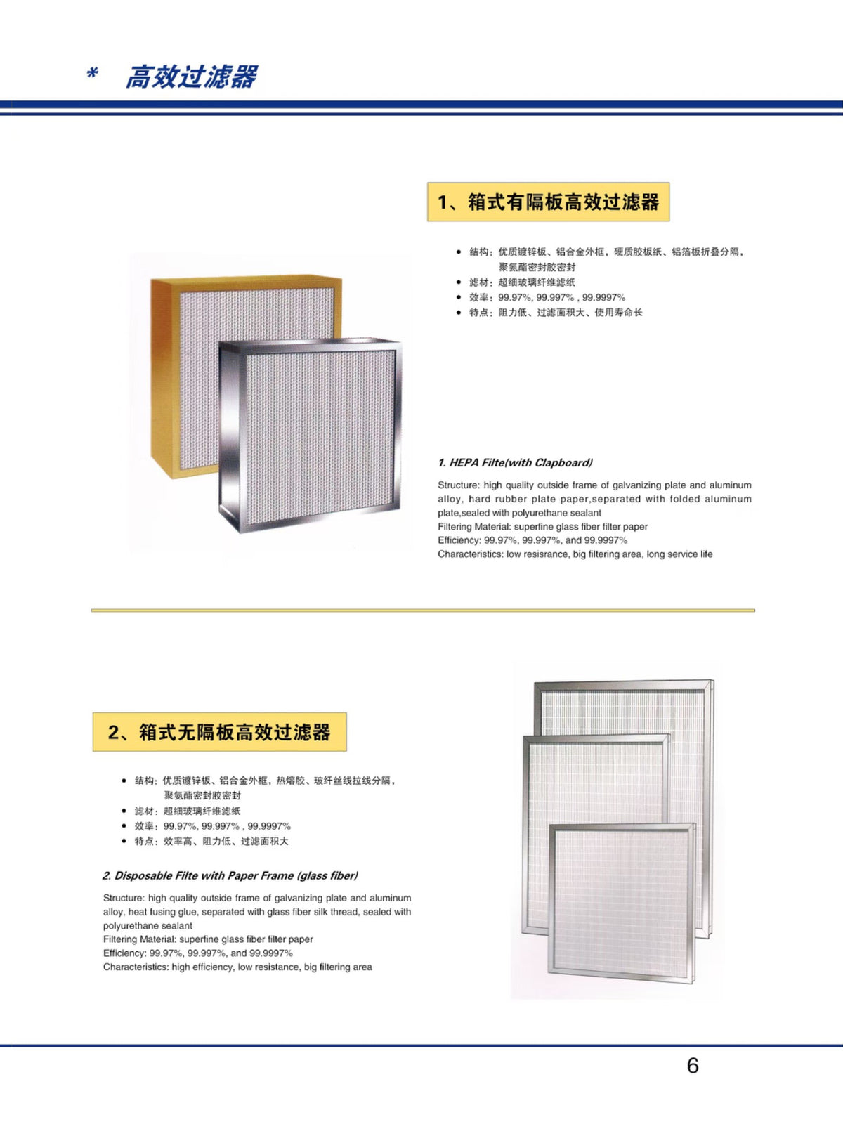 Mini-pleat high-efficiency filter — catalogue reference